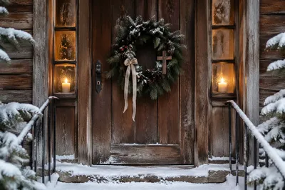 Christmas Wreath on Snowy Chapel Door