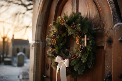Christmas Wreath on Weathered Chapel Door