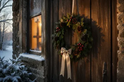 Christmas Wreath on Countryside Chapel Door