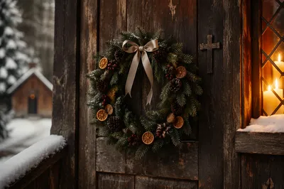 Christmas Wreath on Weathered Chapel Door
