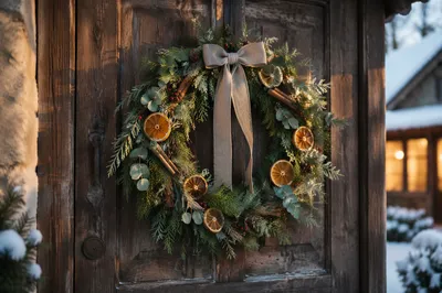 Handmade Christmas Wreath on Rustic Wooden Door