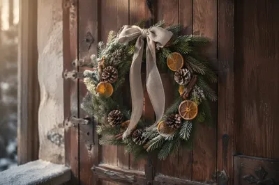 Handmade Christmas Wreath on Rustic Door