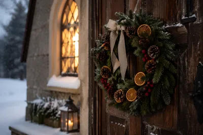 Christmas Wreath on Rustic Chapel Door