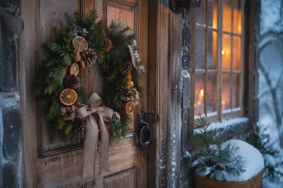 Rustic Christmas Wreath on Cottage Door