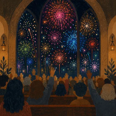 Fireworks Through Church Windows at Midnight