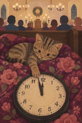Kitten Awaiting Midnight in Chapel Pew