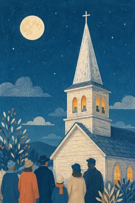 Midnight Watchnight Church Steeple Under Moon