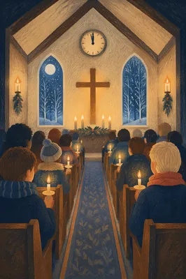 Midnight Watchnight Service in Candlelit Church
