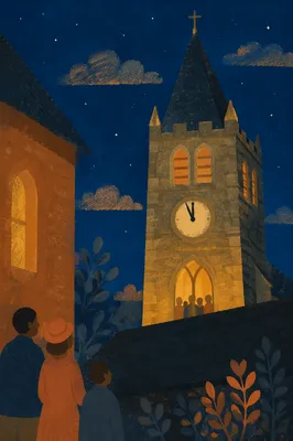 Midnight Church Clock Tower New Year