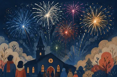 Midnight Watchnight Service Fireworks Over Church