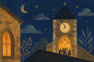 Midnight Church Clock Tower on New Year