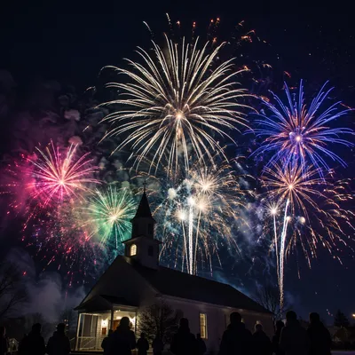 Midnight Watchnight Fireworks Over Small Church