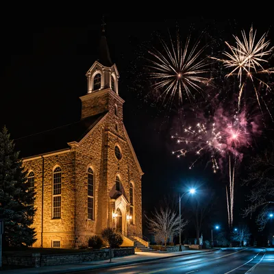 Midnight Fireworks Over Historic Church