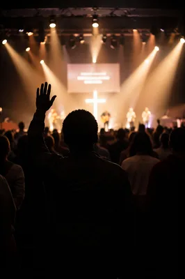 Raised Hand in Church Auditorium at Midnight