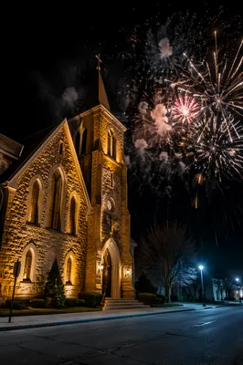 Midnight Watchnight Fireworks Over Historic Church