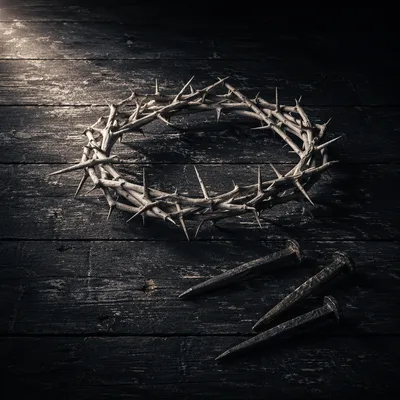 Crown of Thorns and Nails on Weathered Wood