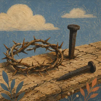 Crown of Thorns and Nails on Weathered Wood