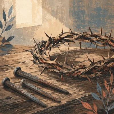 Crown of Thorns and Nails on Rustic Wood