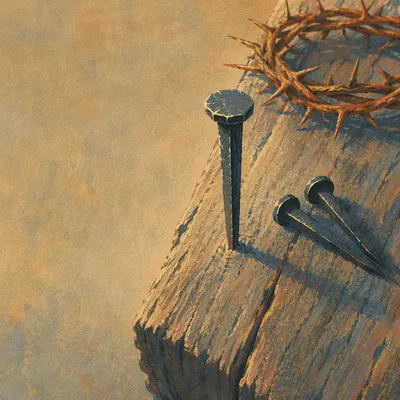 Crown of Thorns and Nails on Weathered Wood