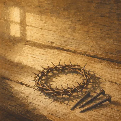 Crown of Thorns and Nails on Weathered Wood