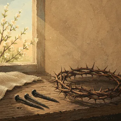Crown of Thorns and Nails on Weathered Wood