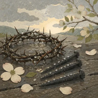 Crown of Thorns and Nails on Weathered Wood