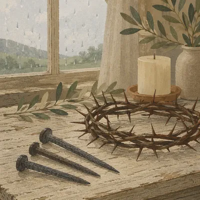 Crown of Thorns and Nails on Wood