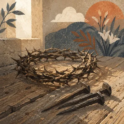Crown of Thorns and Nails on Weathered Wood