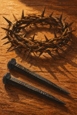 Crown of Thorns and Nails on Wood