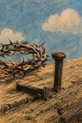 Crown of Thorns with Nails on Weathered Wood