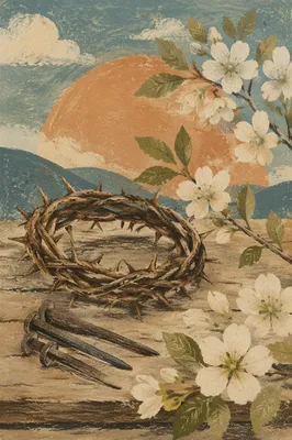 Crown of Thorns with Nails and Spring Blossoms