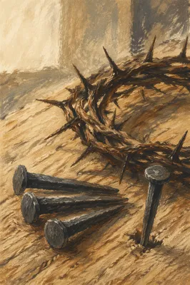 Crown of Thorns and Nails on Rustic Wood
