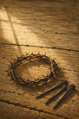 Crown of Thorns and Nails on Weathered Wood