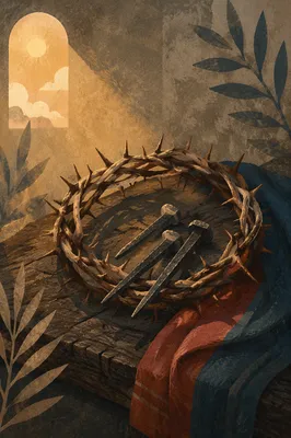Crown of Thorns and Nails on Weathered Wood
