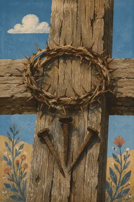 Crown of Thorns with Nails on Weathered Wood