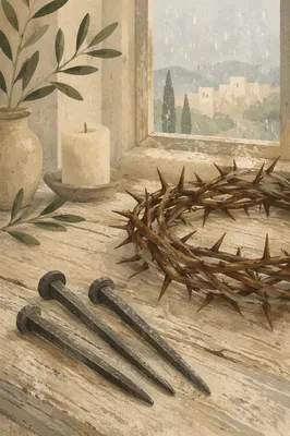 Crown of Thorns and Nails on Wood