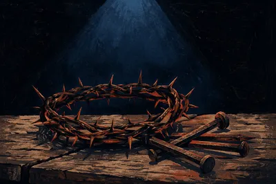 Crown of Thorns and Nails on Weathered Wood