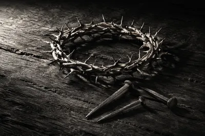 Crown of Thorns and Nails on Weathered Wood