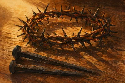 Crown of Thorns and Nails on Rustic Wood