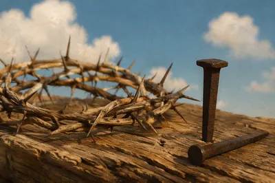 Crown of Thorns and Nails on Weathered Wood