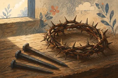 Crown of Thorns with Nails on Rustic Wood