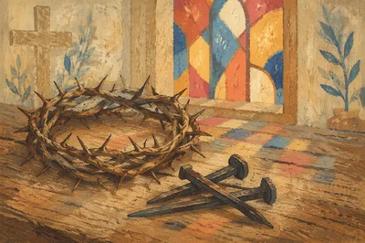Crown of Thorns and Nails on Wood