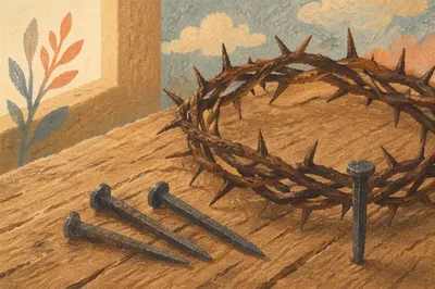Crown of Thorns and Nails on Wood