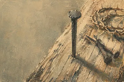 Crown of Thorns and Nails on Weathered Wood