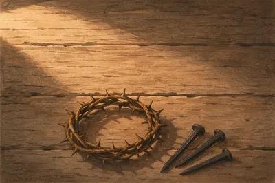 Crown of Thorns and Nails on Weathered Wood