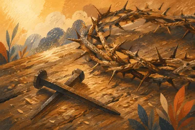Crown of Thorns and Nails on Wood