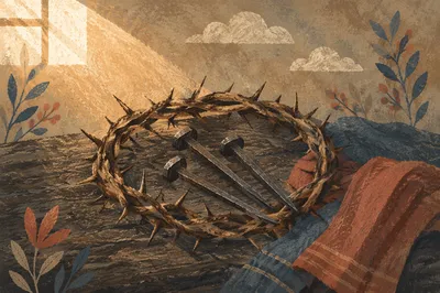 Crown of Thorns with Nails on Weathered Wood