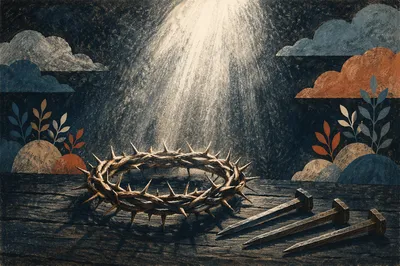 Crown of Thorns and Nails on Weathered Wood
