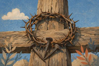 Crown of Thorns and Nails on Weathered Wood