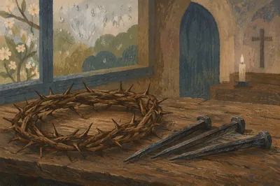 Holy Week Crown and Nails on Weathered Wood